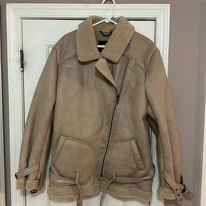 AE American Eagle Moto Faux Suede Cozy Sherpa Lined Size XXL Beige Jacket Womens